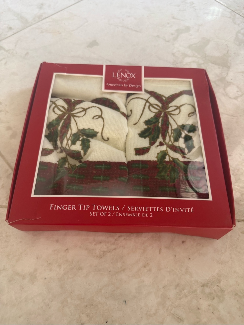 Lenox Cream and Red Holiday Finger Tip Towels with Holly Embroidery - Set of 2